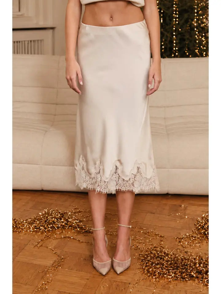 Satin Scalloped Lace Trim Midi Skirt