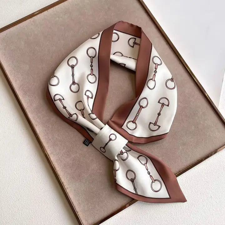 Elegant Horsebit Pattern Printed Square Silky Satin Scarf