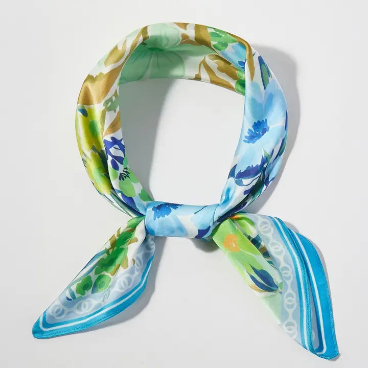 Vintage Floral Garden Print Square Bandana Scarf Blue