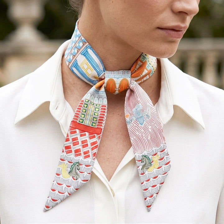 Story Tiles Print Silk Feel Twilly Skinny Scarf Red