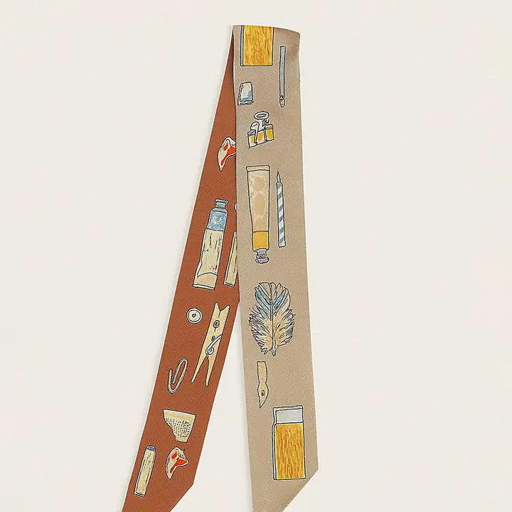 Art Inspired Pattern Printed Twilly Skinny Scarf Brown