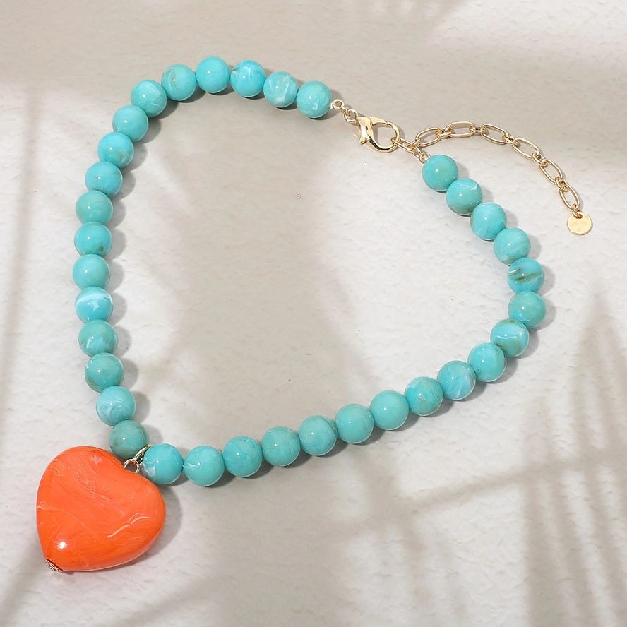 Chunky Marbled Resin Heart Necklace Orange