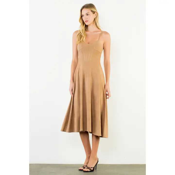THML Camel Suede Sweetheart Midi Dress