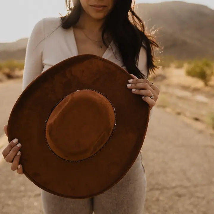 Unisex Vegan Suede Flat Crown Top Buffalo Cowboy Hats/Tobacco/Med