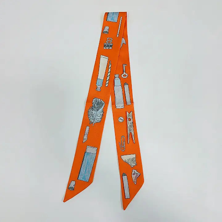 Art Inspired Pattern Printed Twilly Skinny Scarf Orange