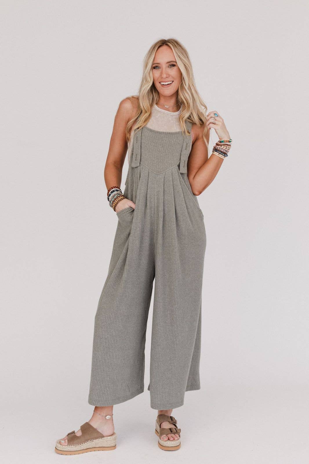 Three Bird Nest - Serenity Wide Leg Ribbed Knit Overalls - Olive: L