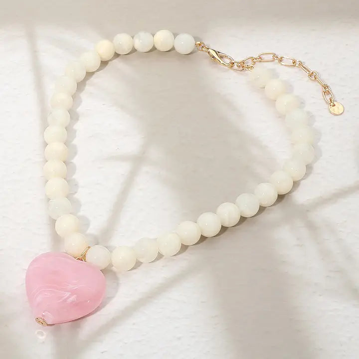 Chunky Marbled Heart Necklace Pink