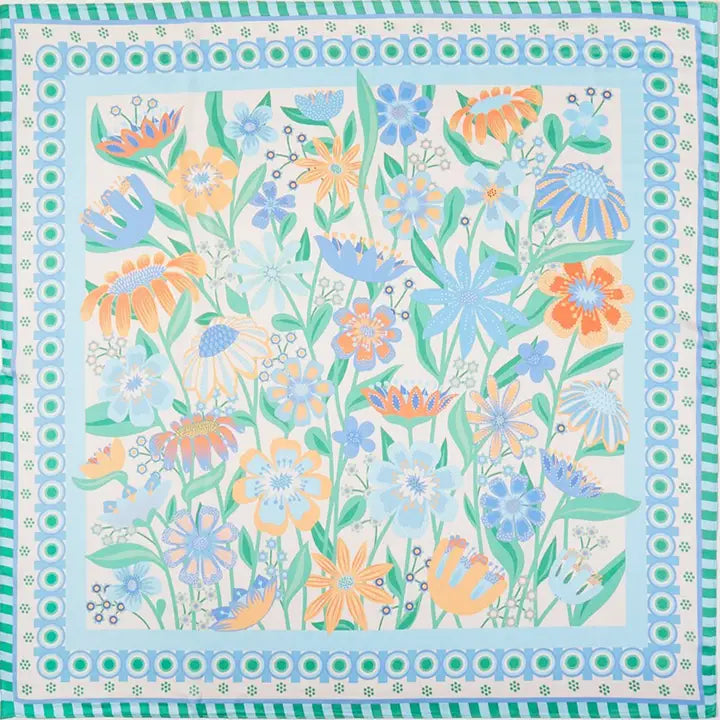 Retro Floral Print Square Bandana Scarf Blue