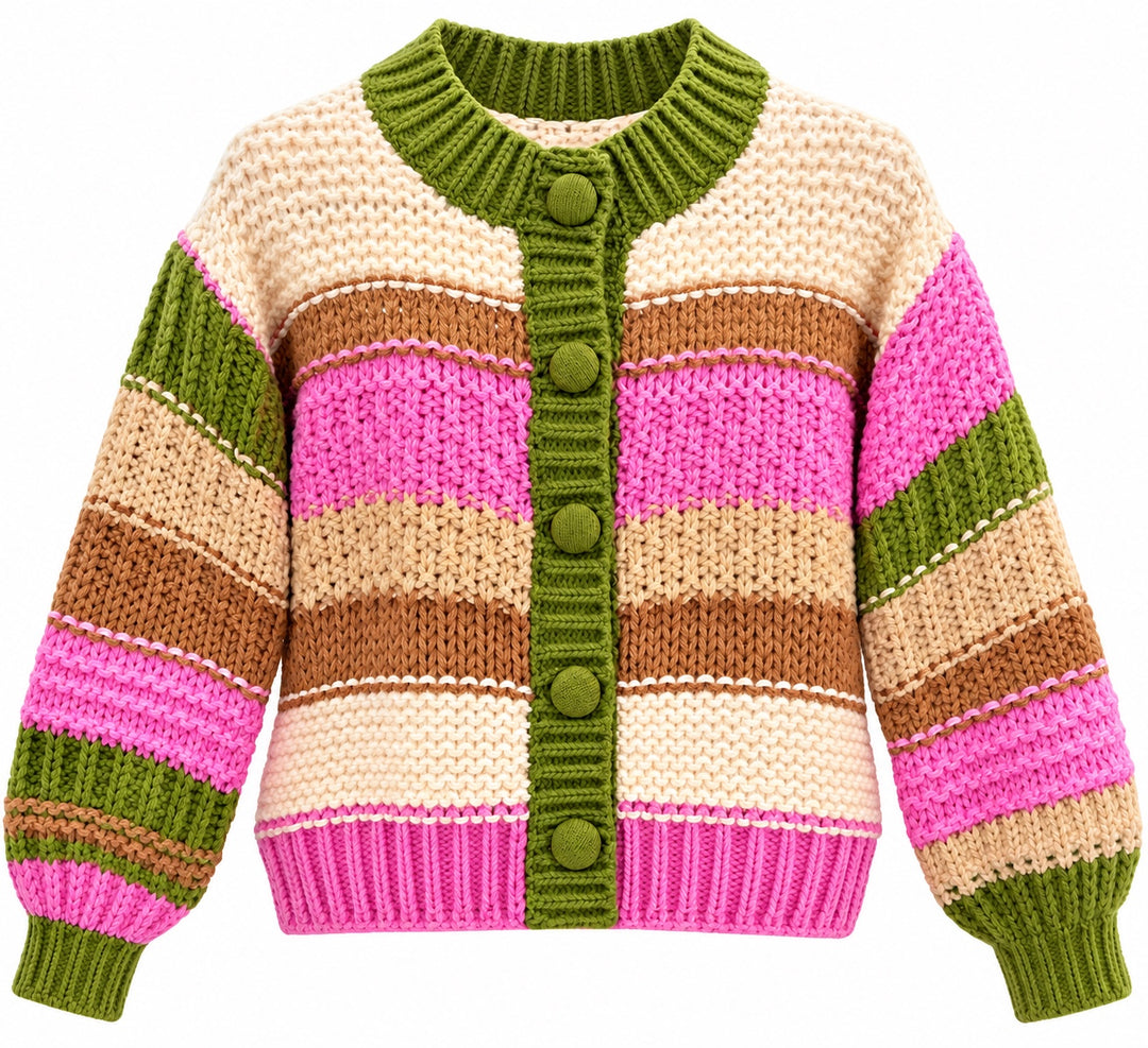 Color Crush Cardigan in olive green pink cream and camel chunky striped knit