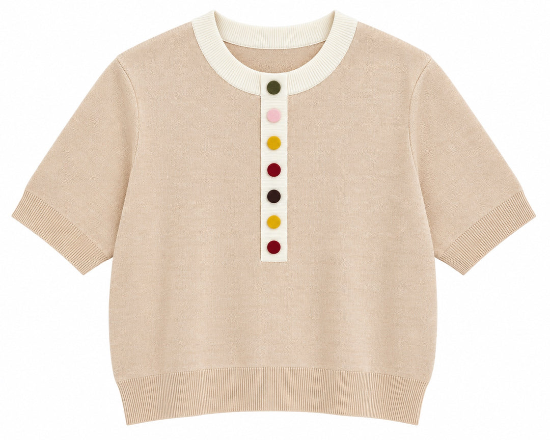Ivory short sleeve knit sweater with multicolor covered buttons