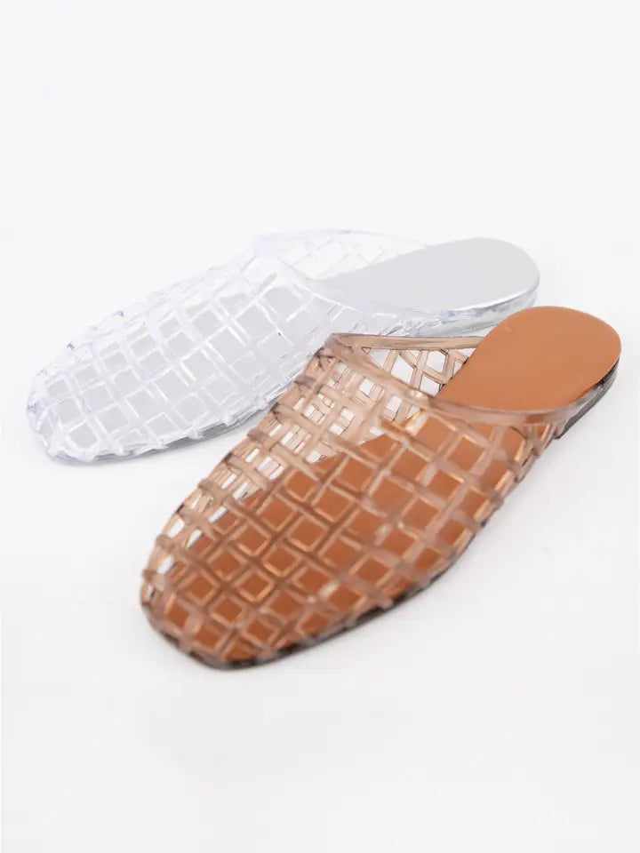 Transparent Woven Jelly Mule Flats Brown