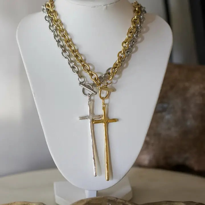 Elongated Cross Toggle Necklace/ Gold