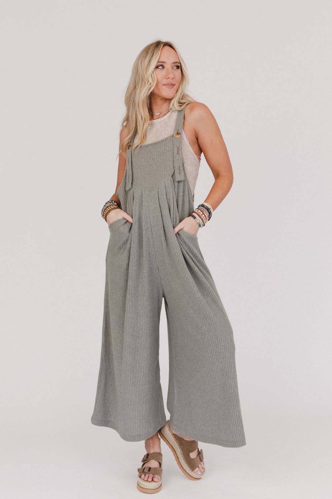 Three Bird Nest - Serenity Wide Leg Ribbed Knit Overalls - Olive: L