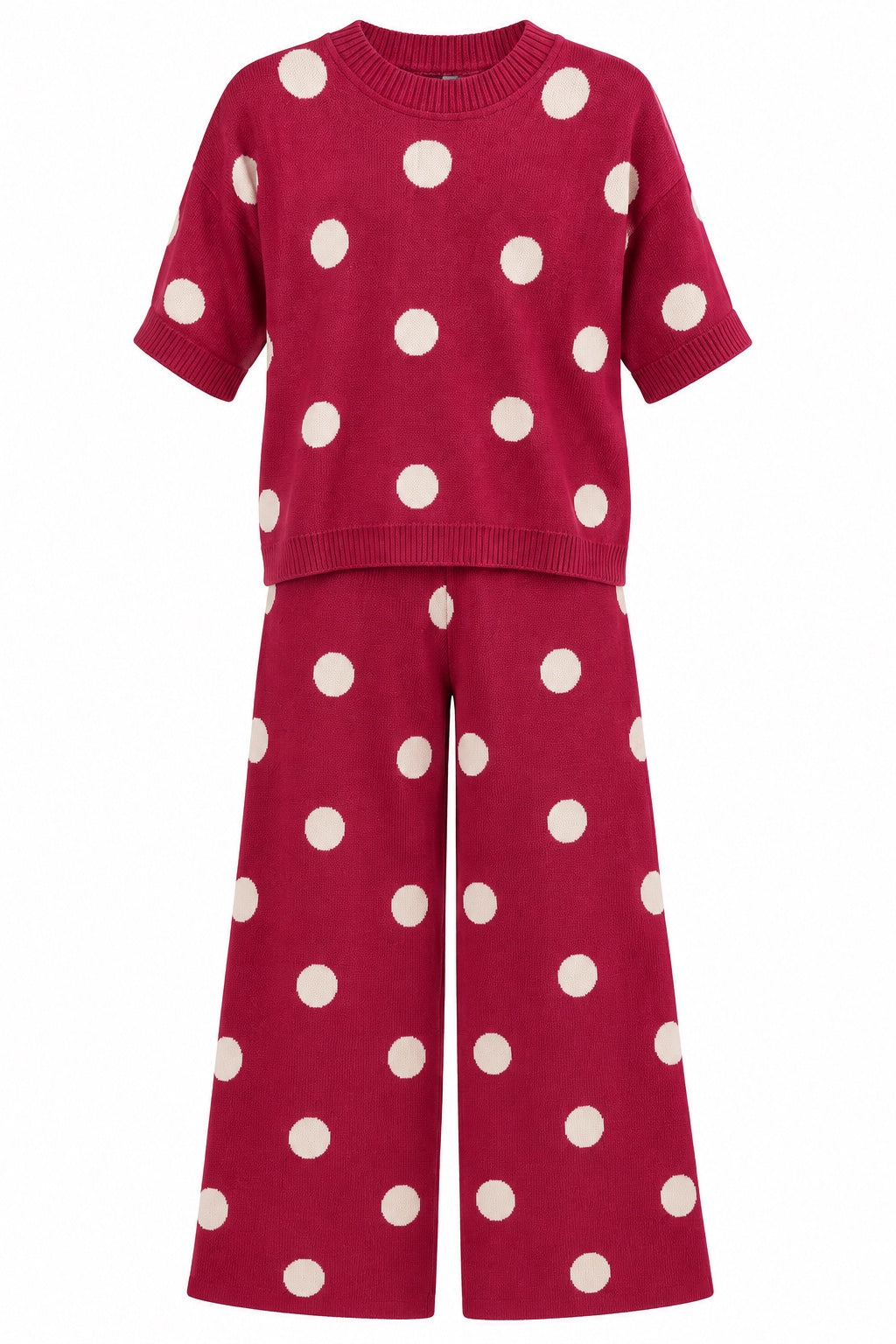 Burgundy cream polka dot matching knit set with short sleeve sweater and wide leg pants
