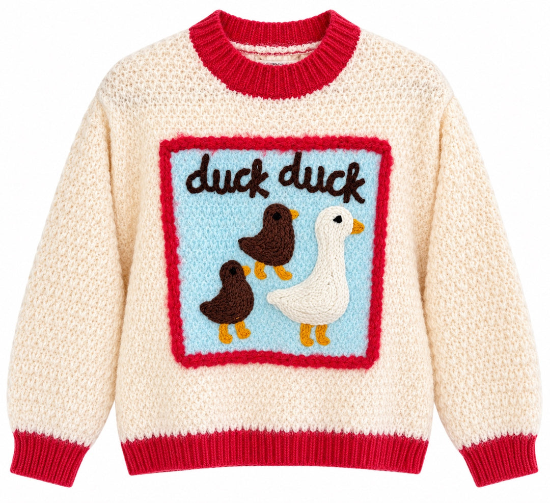 Duck Duck Darling Sweater ivory red duck print knit