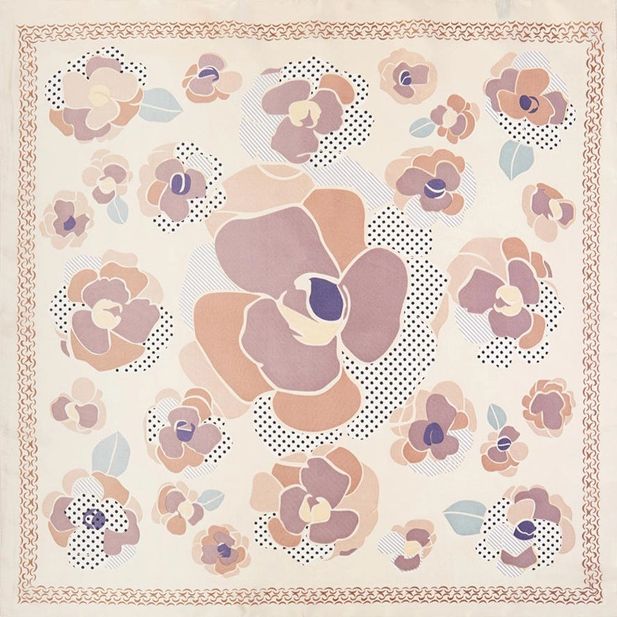 Illustrated Flower Pattern Printed Square Silky Satin Bandana Scarf