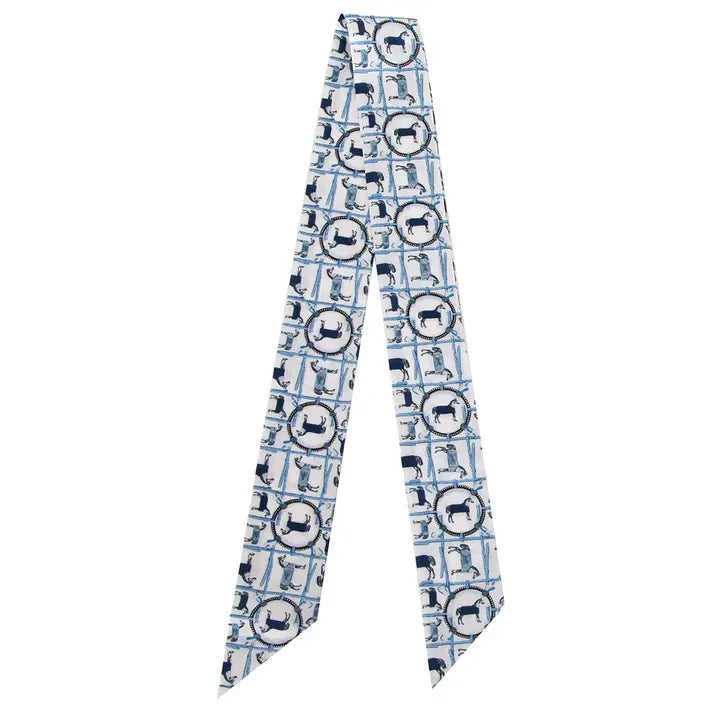 Horse Frame Pattern Silk Feel Twilly Skinny Scarf Blue