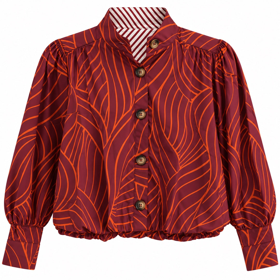 Entro Autumn Artistry burgundy blouse with orange abstract leaf print, button front and gathered sleeves