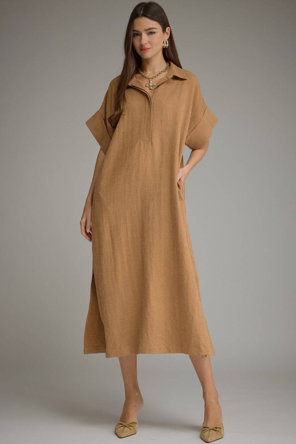 Effortlessly Chic Camel Midi Dress front