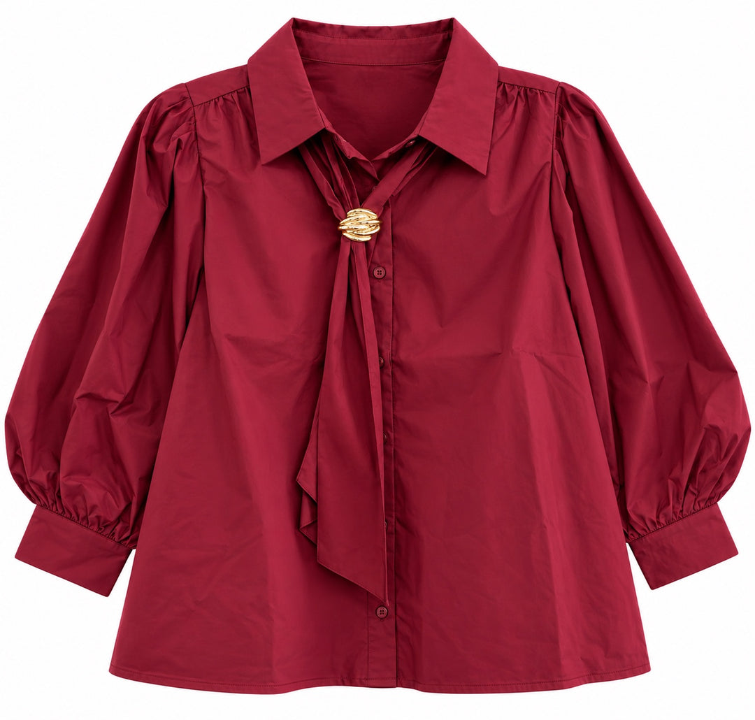 Entro burgundy Golden Hour Blouse with puff sleeves, button front and gold-tone neckline accent