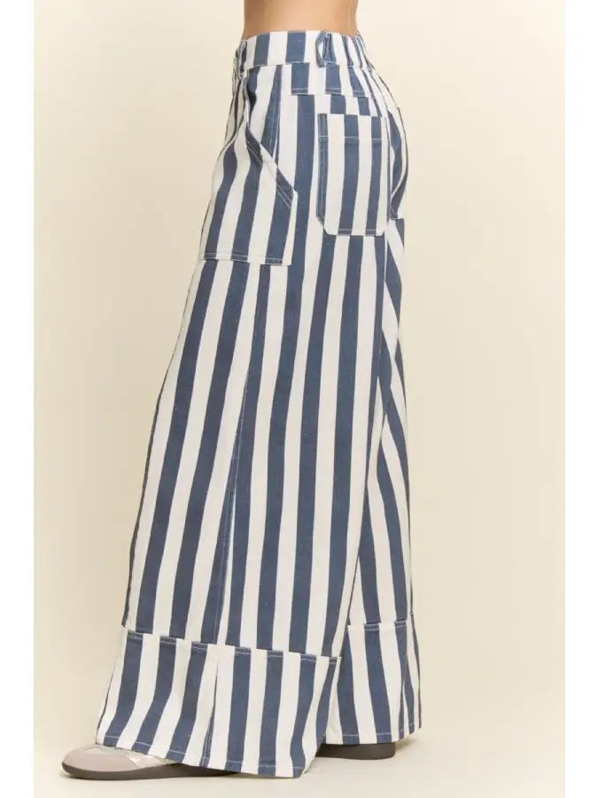 Striped Cuffed Wide Leg Pants