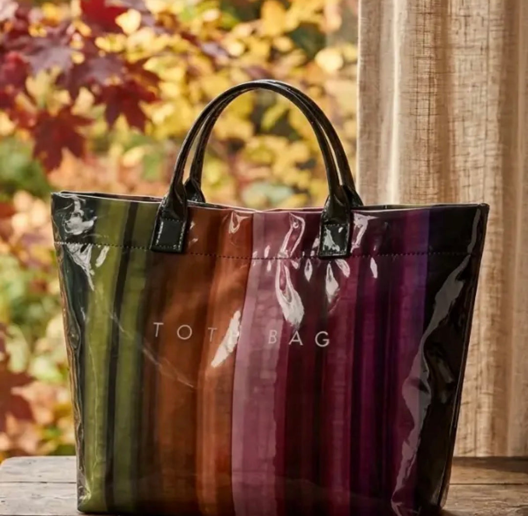 Fall in Line Tote multicolor striped handbag with black handles