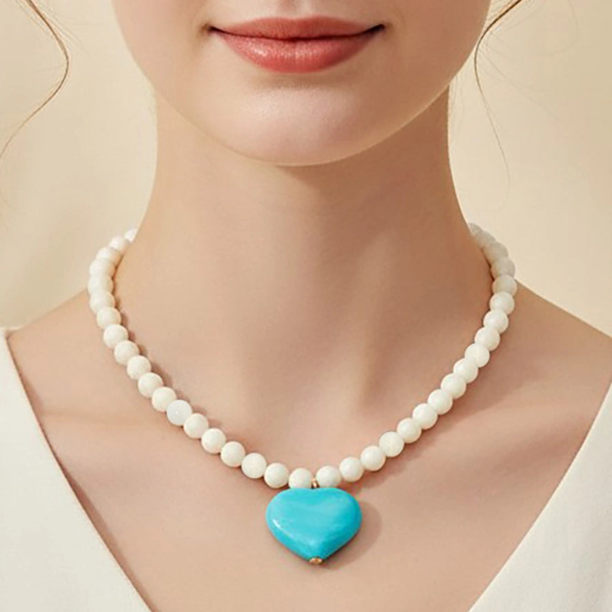 Chunky Marbled Heart Necklace Blue