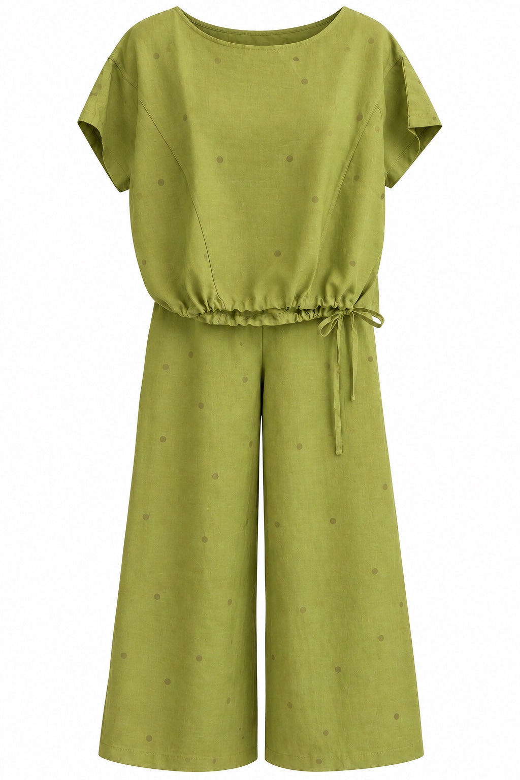 Olive green subtle polka dot two-piece set with drawstring short-sleeve top and wide-leg pants