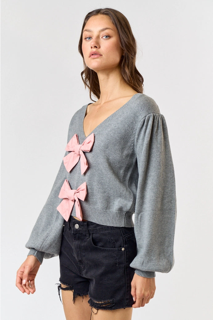 BOW FRONT V-NECK LONG SLEEVE SWEATER TOP