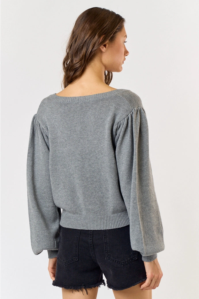 BOW FRONT V-NECK LONG SLEEVE SWEATER TOP