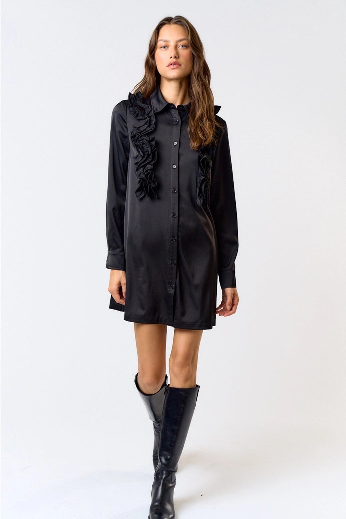 Satin Ruffle Detail Button Down Shirt Dress