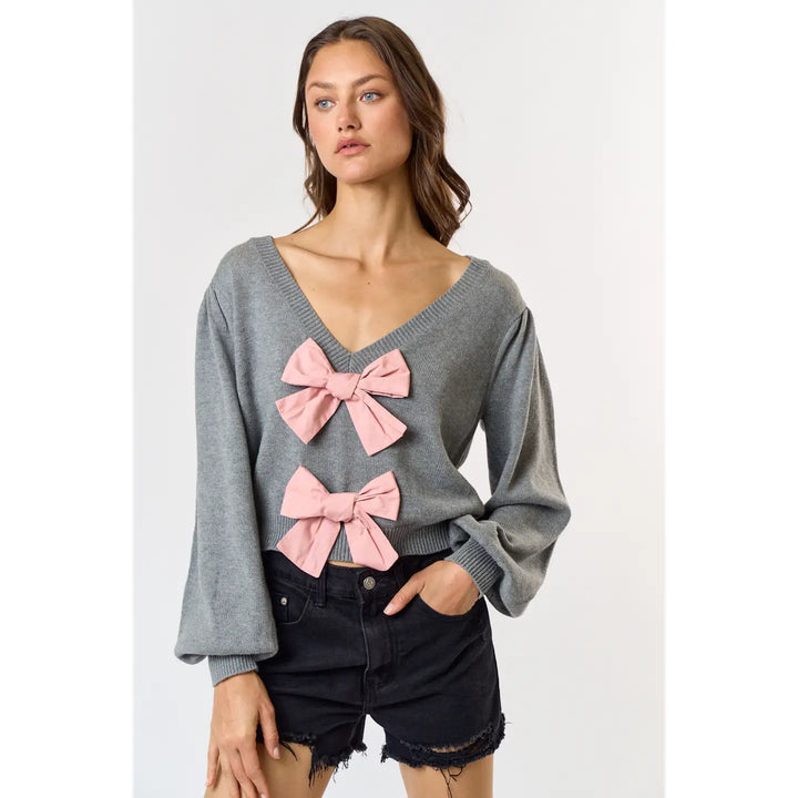 BOW FRONT V-NECK LONG SLEEVE SWEATER TOP