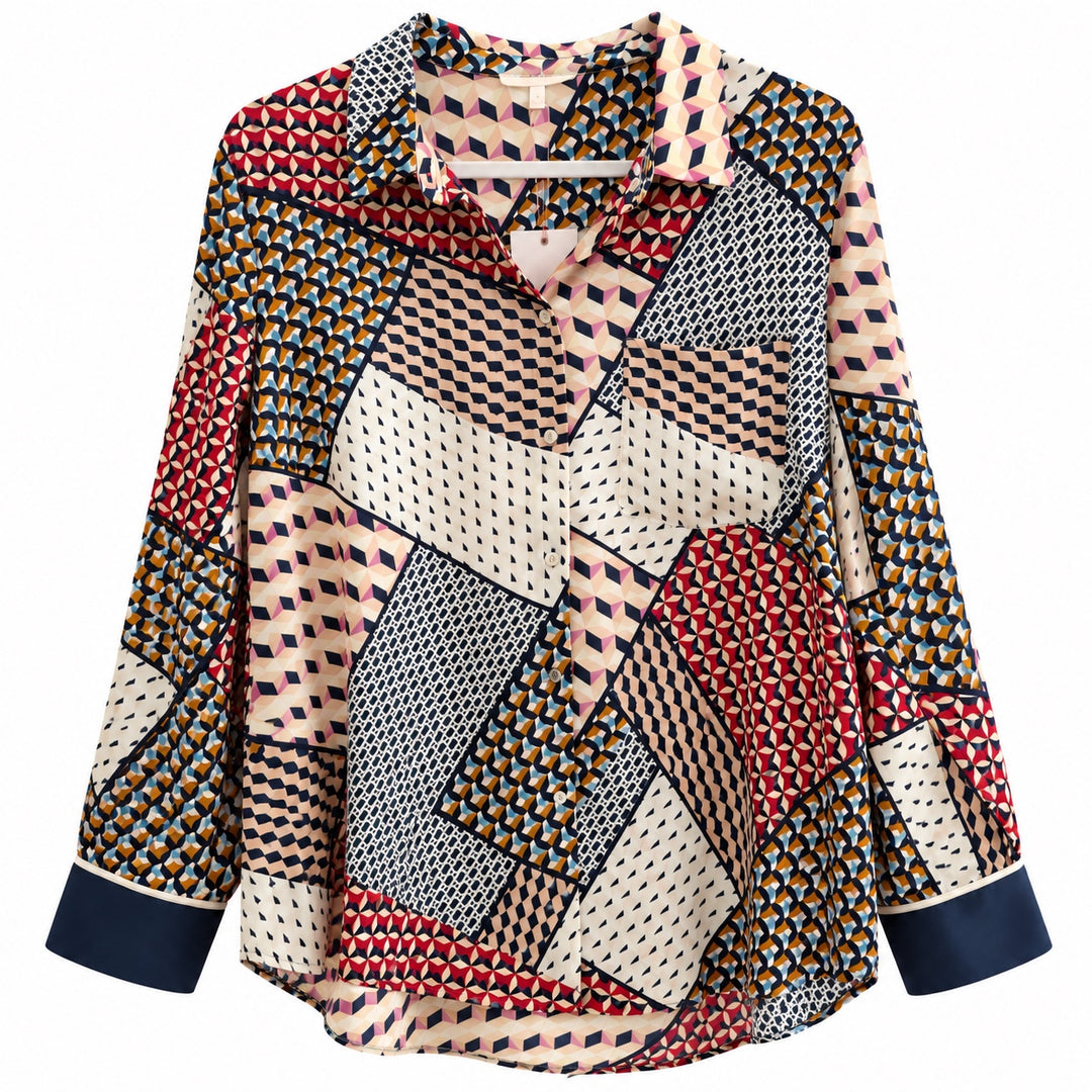 Skies Are Blue Pattern Play Button Down geometric patchwork print blouse with navy cuffs