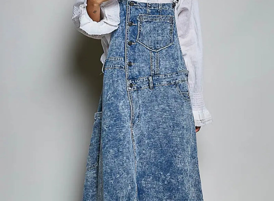 Vintage Wash Denim Overall Maxi Dress front