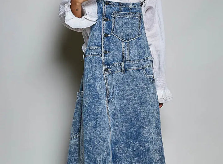Vintage Wash Denim Overall Maxi Dress front