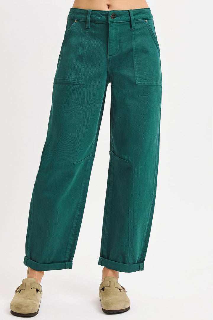 Front view of Risen hunter green barrel pants