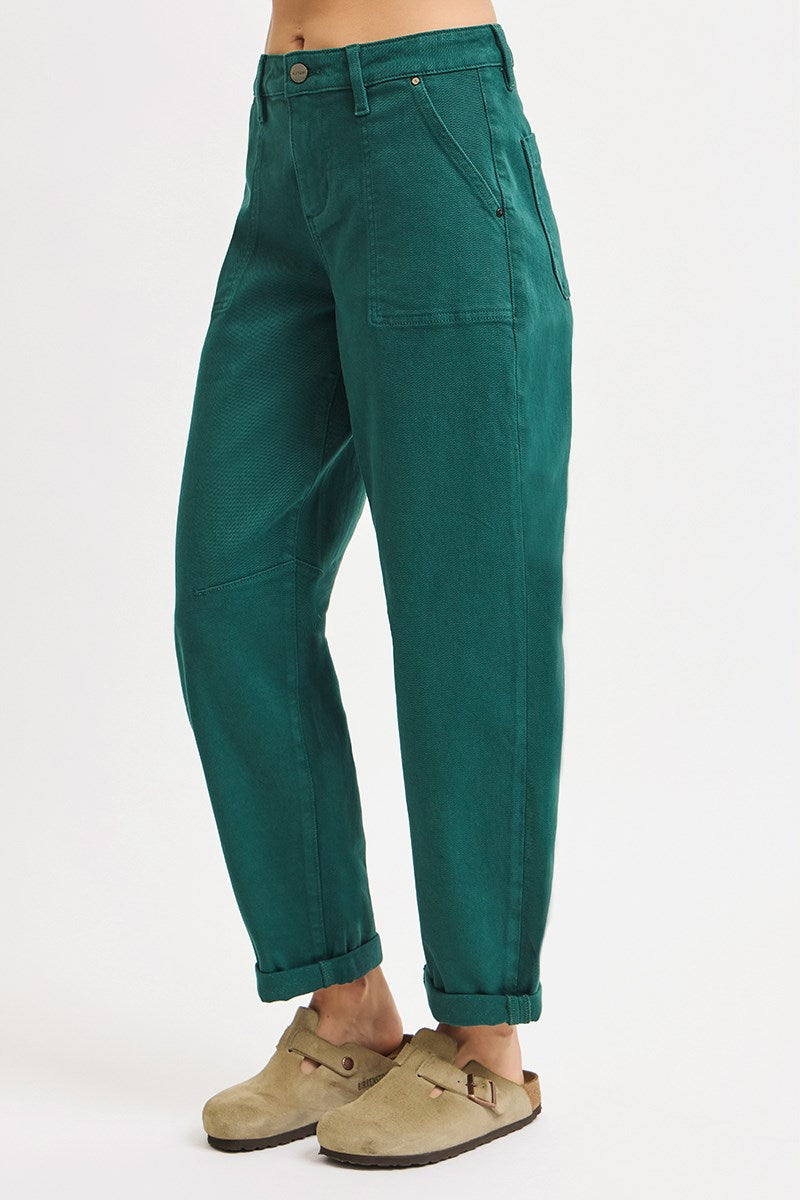 Side view of Risen hunter green barrel pants