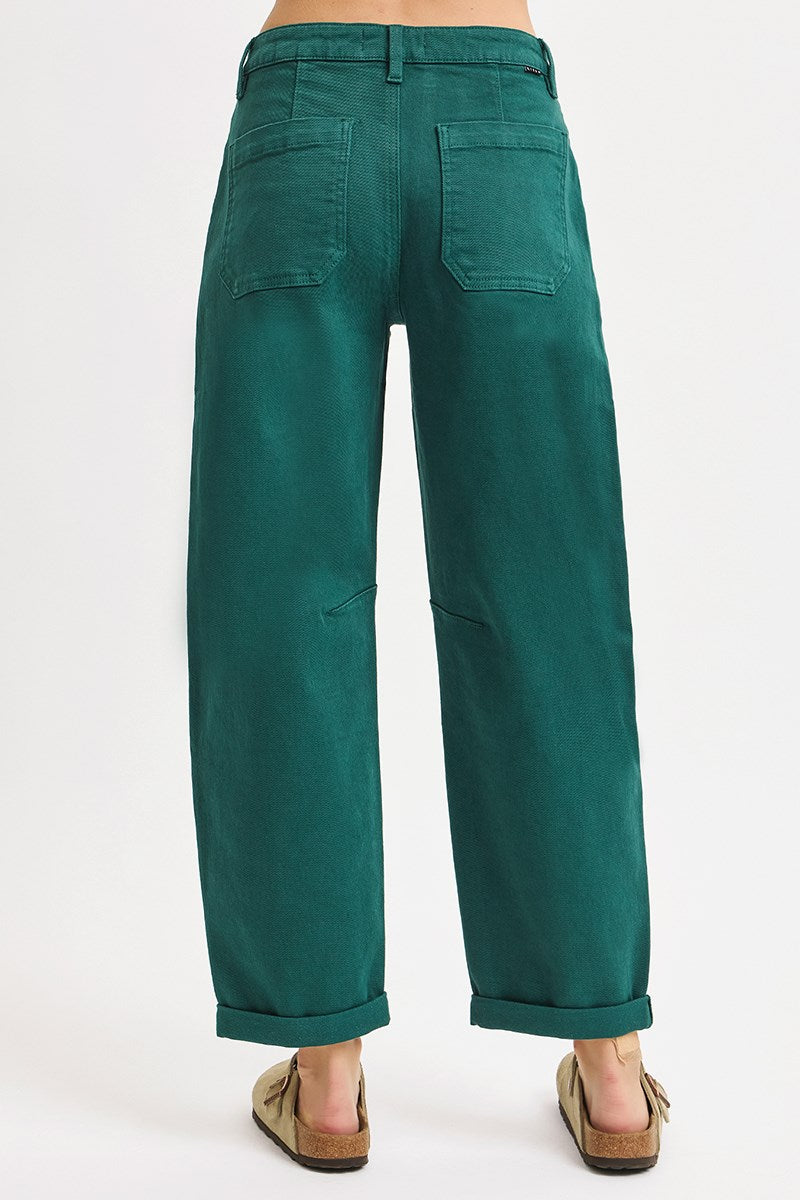 Back view of Risen hunter green barrel pants