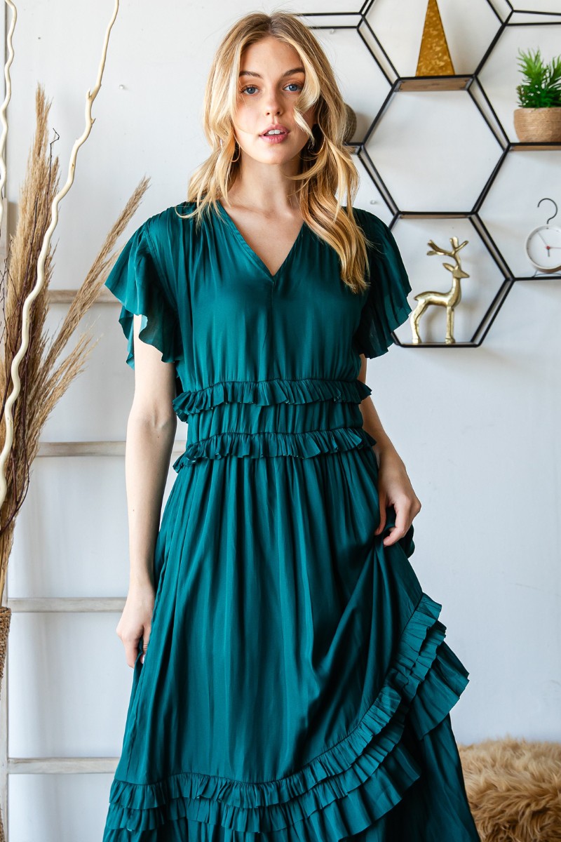 Ruffled waistline and Tiered hem Satin Dress