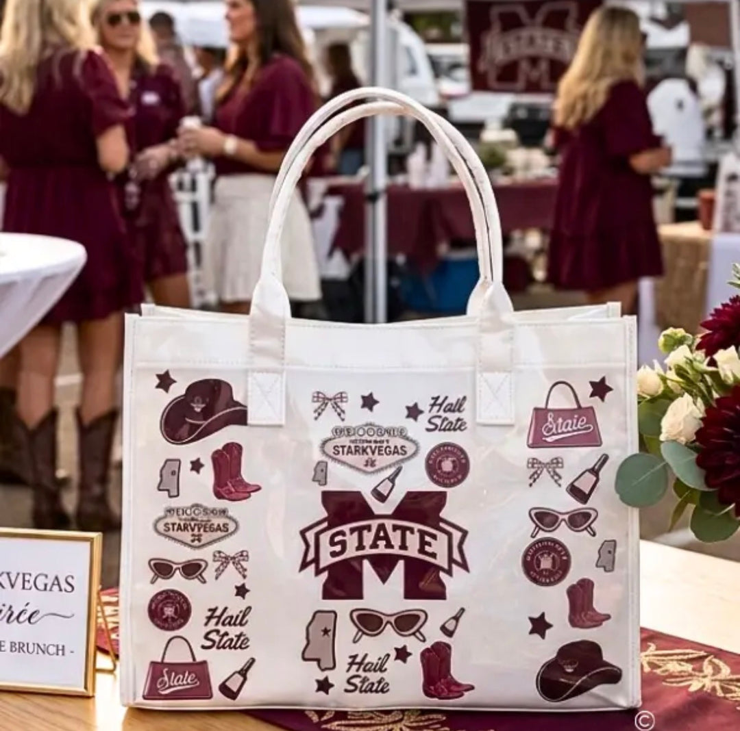 Starkvegas Game Day Tote clear bag with maroon Mississippi State graphics