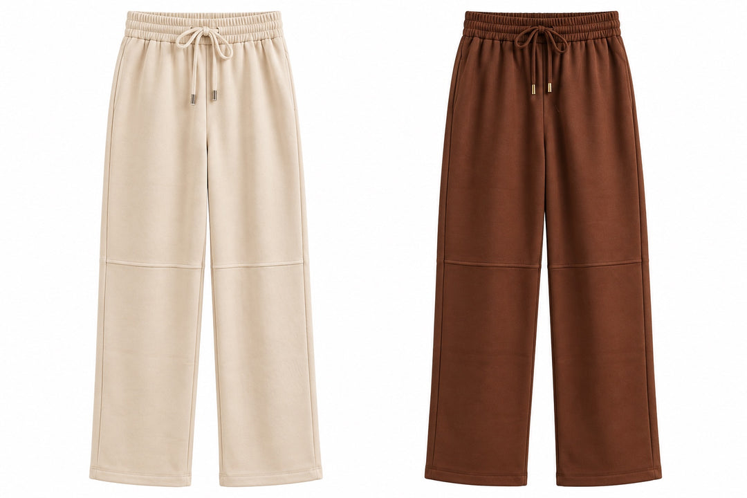 THML suede wide-leg drawstring pants in cream and brown