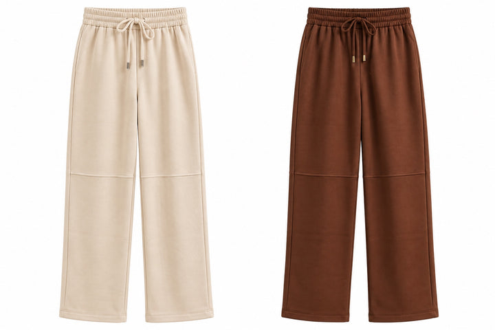 THML suede wide-leg drawstring pants in cream and brown