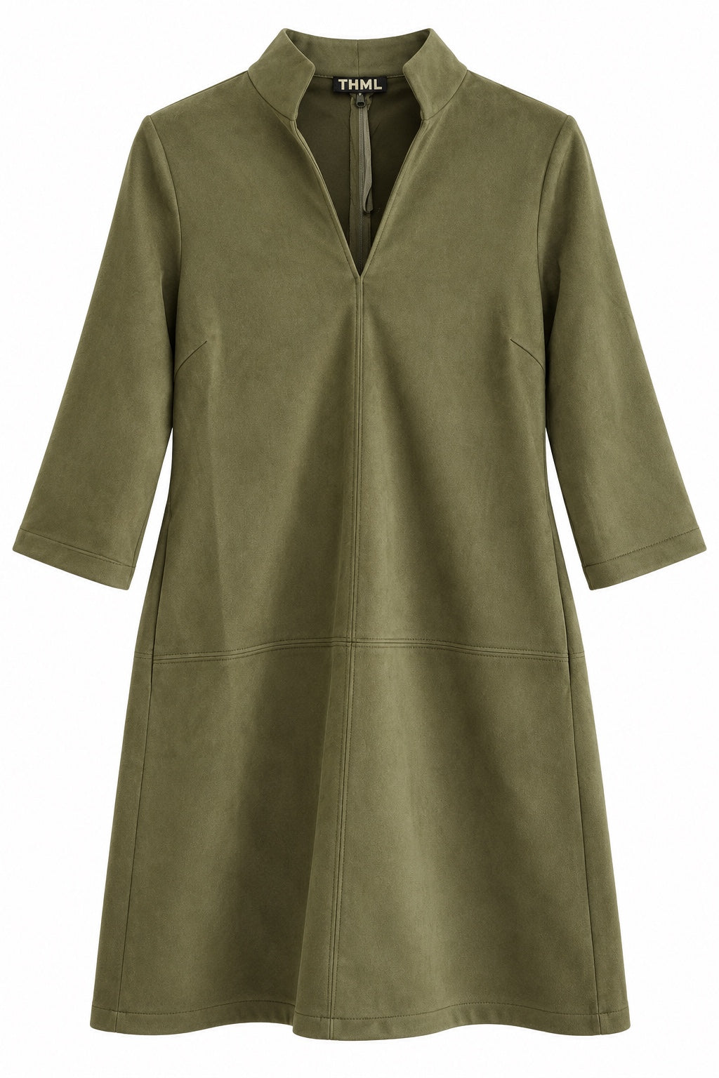 THML The Olive Affair Dress in olive suede-look fabric with V-neck and three-quarter sleeves