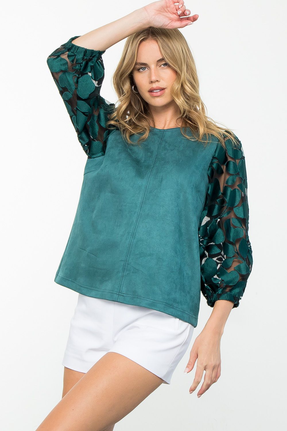 THML Suede Textured Mesh Sleeve Top