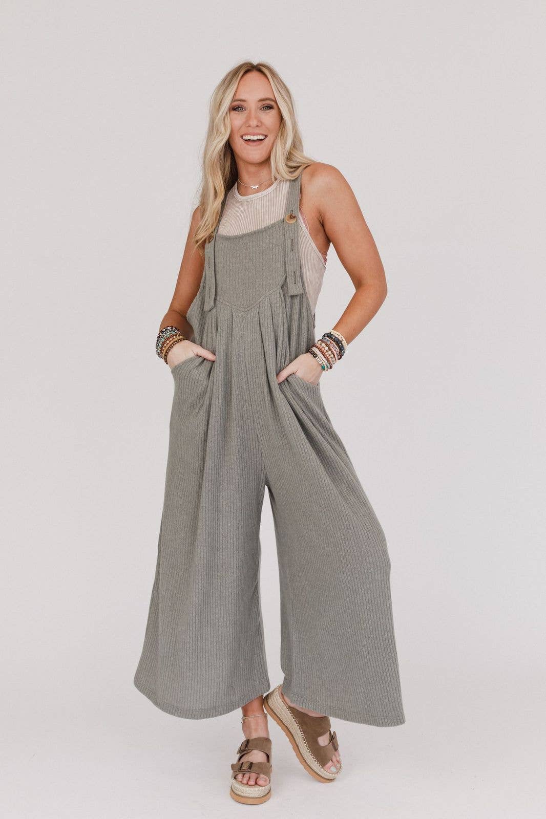 Three Bird Nest - Serenity Wide Leg Ribbed Knit Overalls - Olive: L