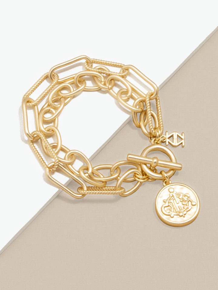 Engraved Coin Charm Cable Link Bracelet: MG